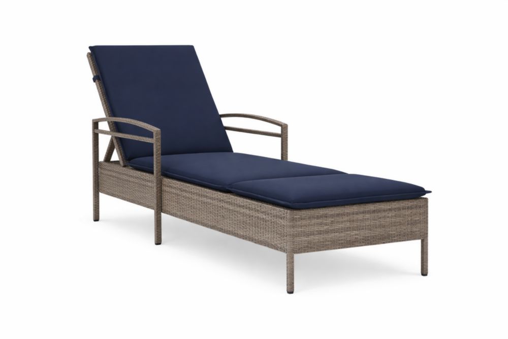 Chaise Longue de Jardin en Rotin Synthétique avec Coussins Bleu