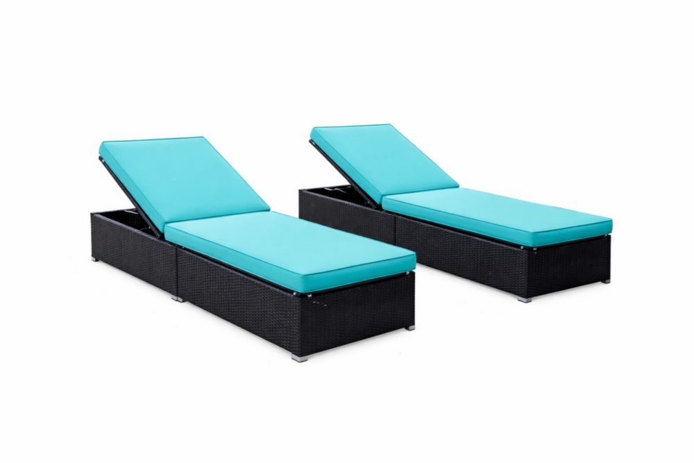Lot de 2 chaises longues réglables en résine tressée avec coussins turquoise