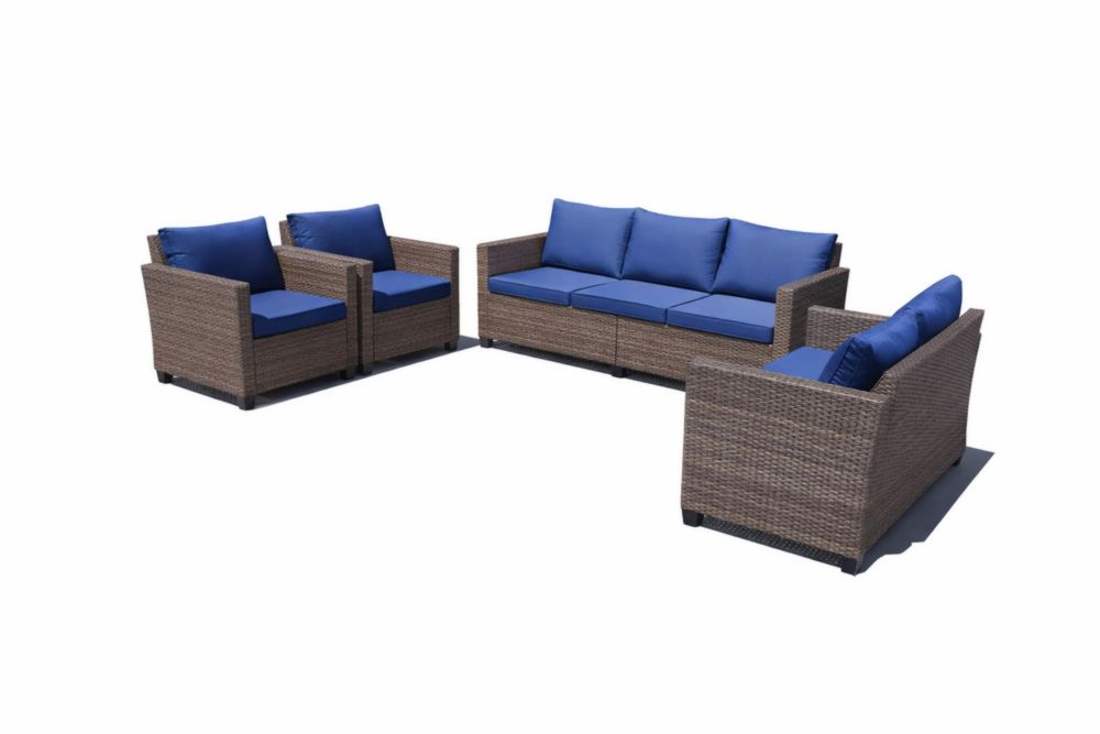 Ensemble de salon de jardin en rotin synthétique coussins bleus