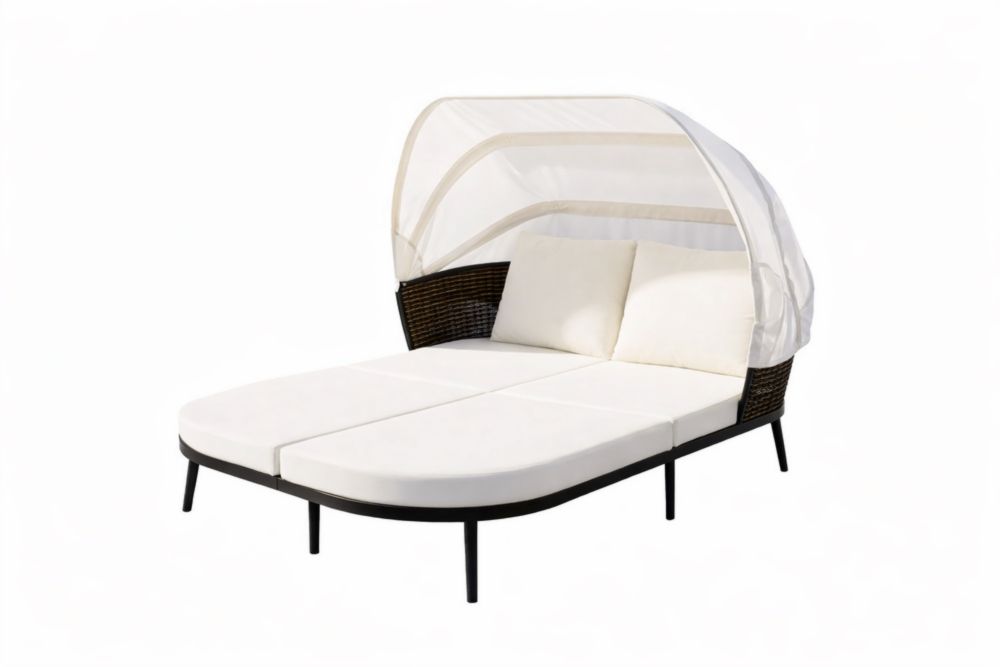 Lit de Jardin Double avec Pare-Soleil en Aluminium et Polyester Blanc