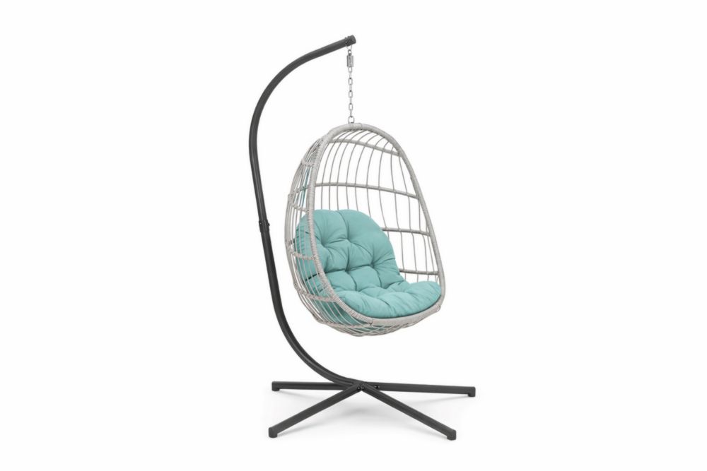 Fauteuil Suspendu en Rotin Synthétique Gris avec Coussin Vert