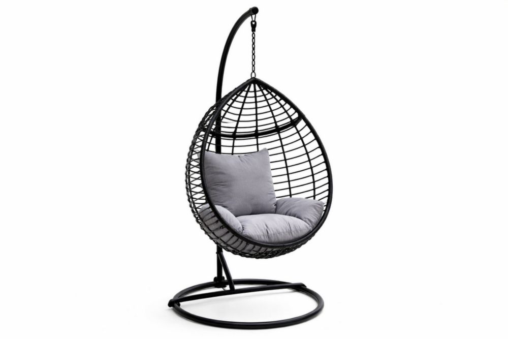 Chaise suspendue en acier et rotin synthétique avec coussin gris