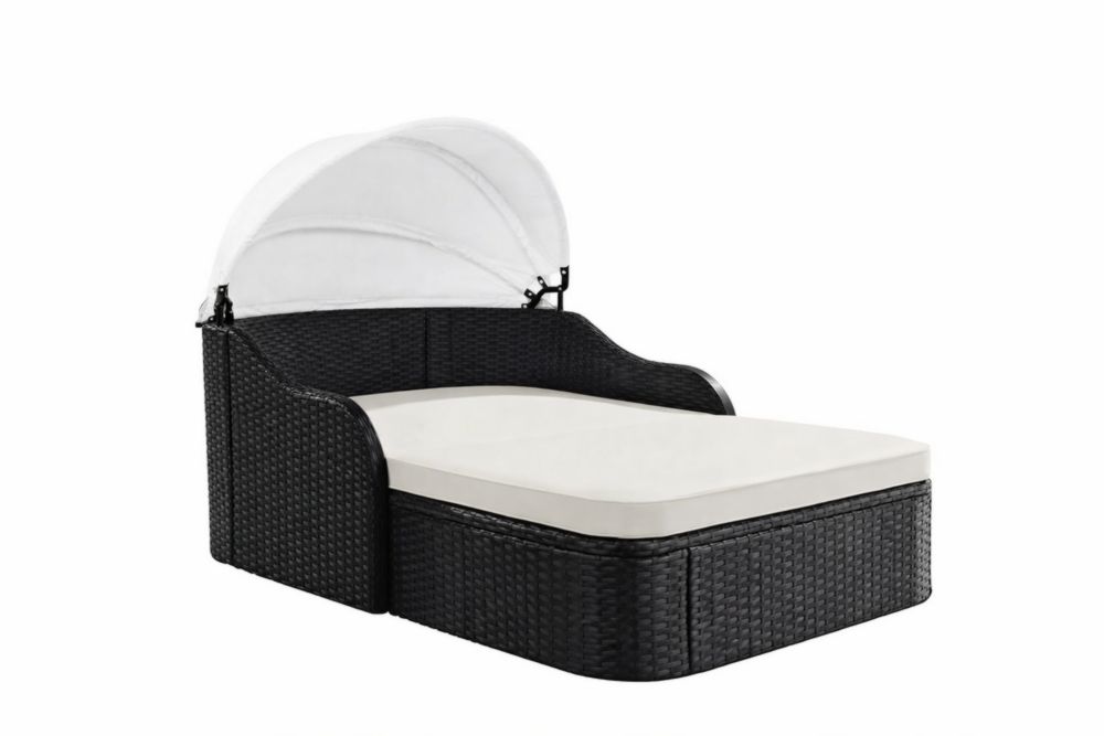 Lit de jardin en résine tressée noire avec auvent et coussin beige