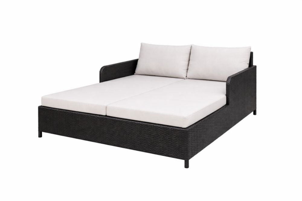 Lit de jardin double en résine tressée noir avec coussins beiges