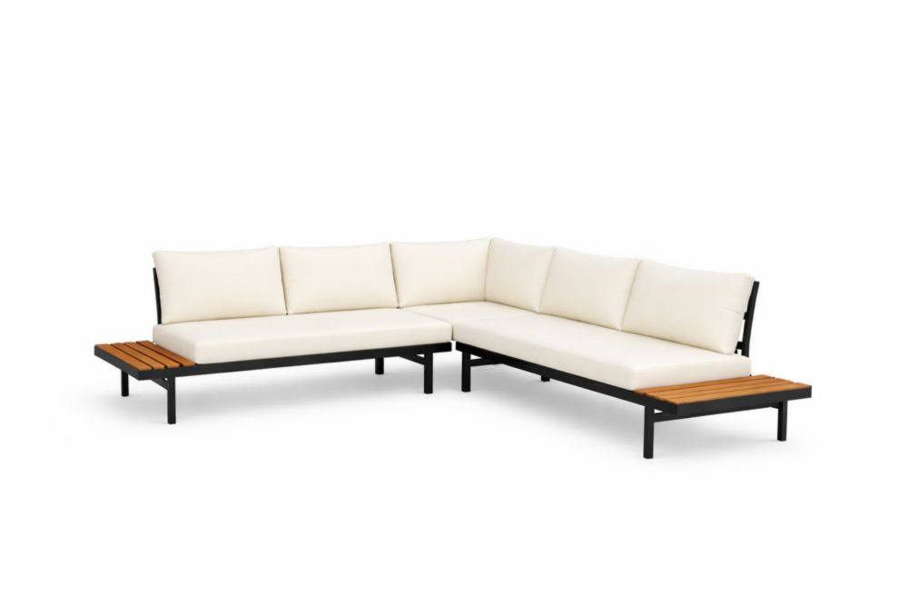 Canapé d'angle extérieur en tissu polyester beige avec cadre en Acier inoxydable noir et plateaux en bois massif