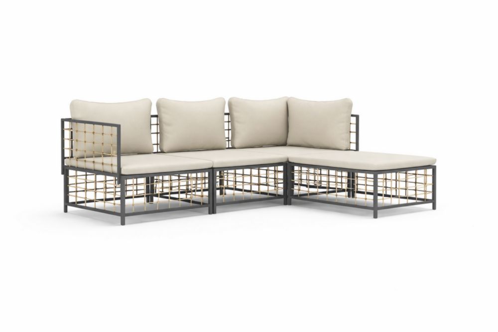 Canapé d'angle modulaire extérieur Acier inoxydable et rattan coussins beige
