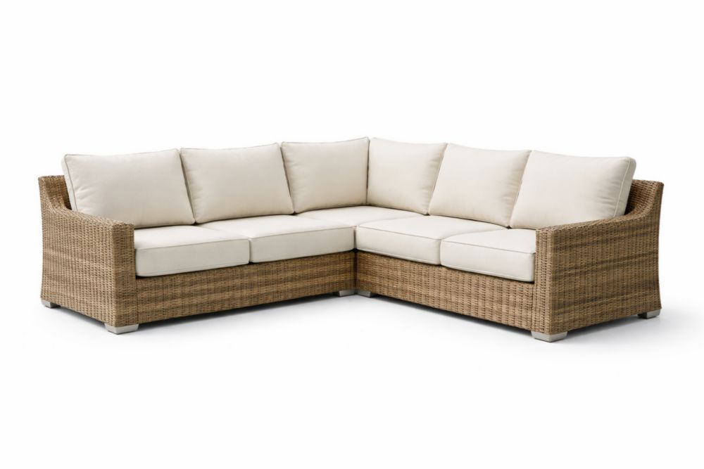 Canapé d'angle en rotin avec coussins en tissu polyester beige