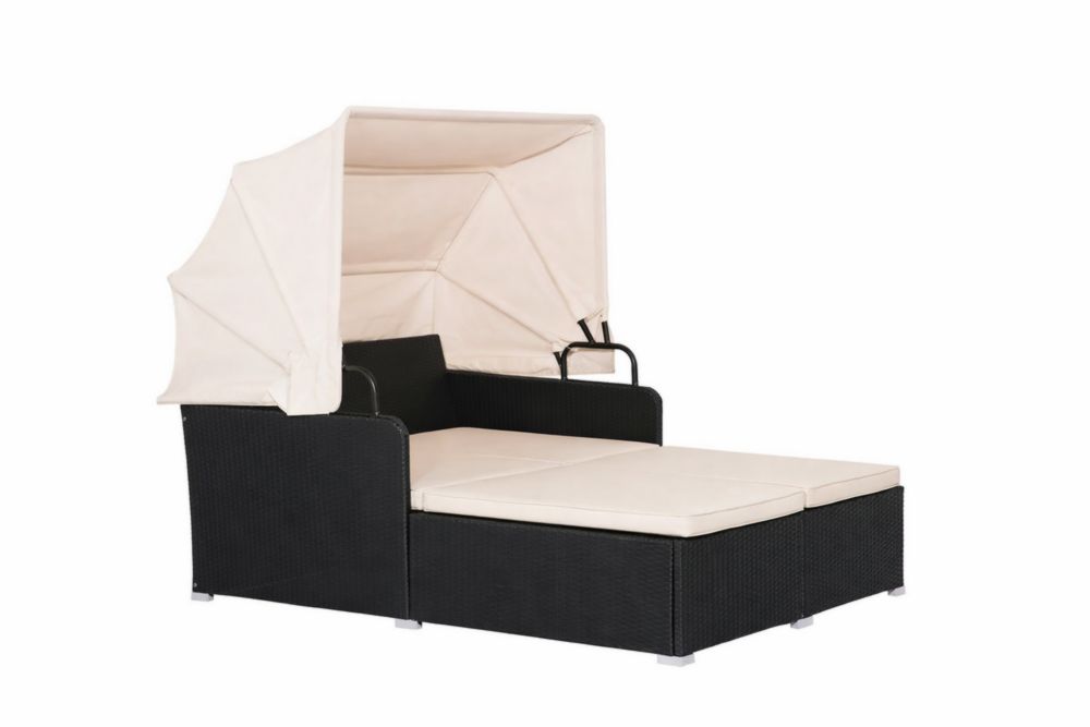 Transat Double en Résine Tressée avec Auvent Réglable et Coussins Beige/Noir