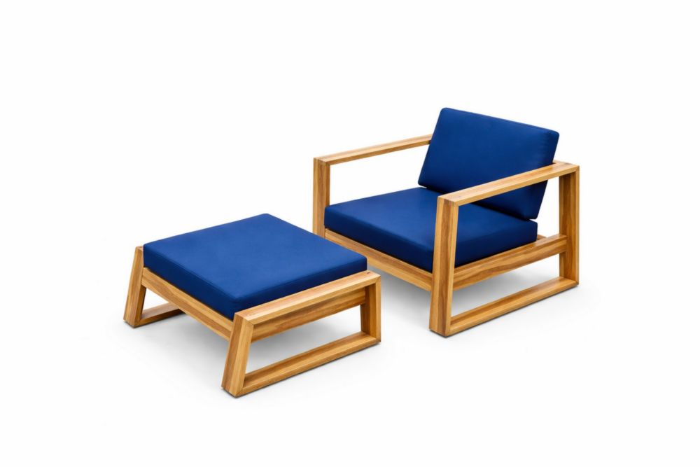 Fauteuil et Repose-pieds en bois massif avec Coussin Bleu