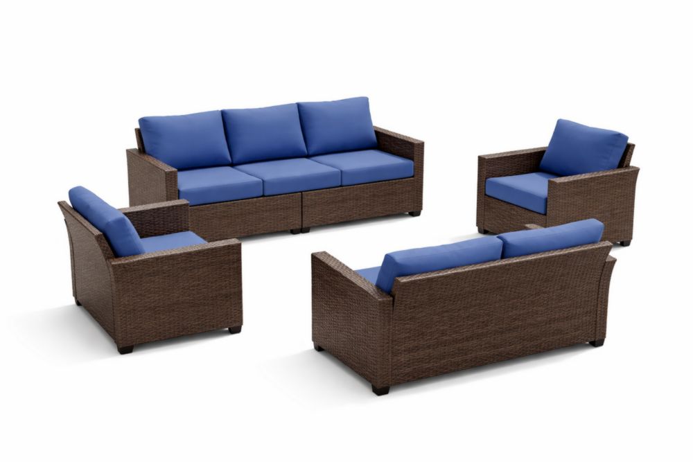 Ensemble Salon de Jardin Résine Tressée Marron Coussins Bleus