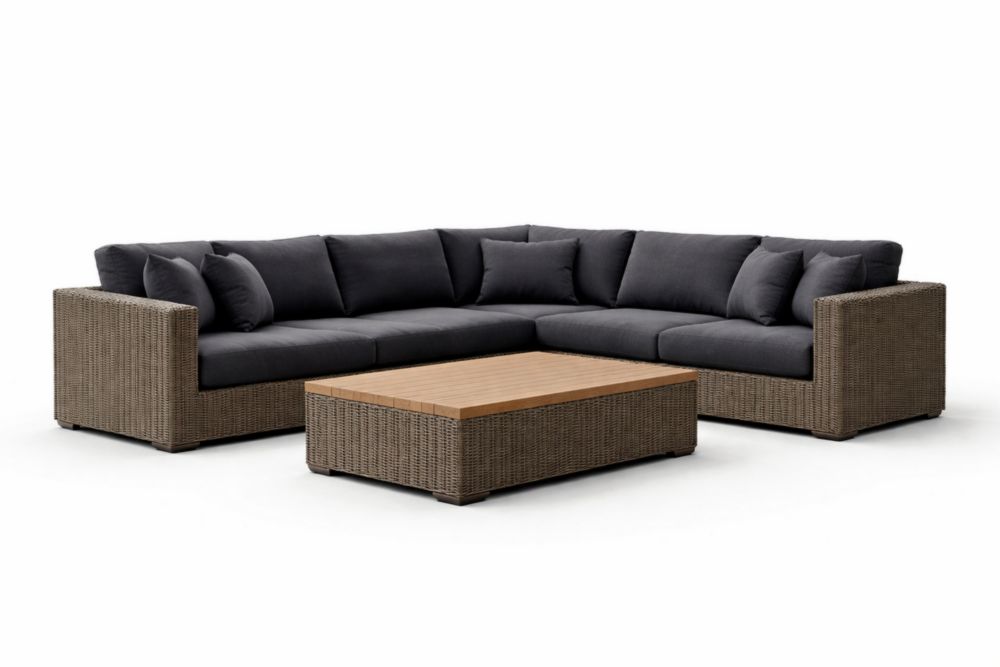 Ensuite de canapé d'angle en rotin avec table basse en teck et coussins gris-Silavino