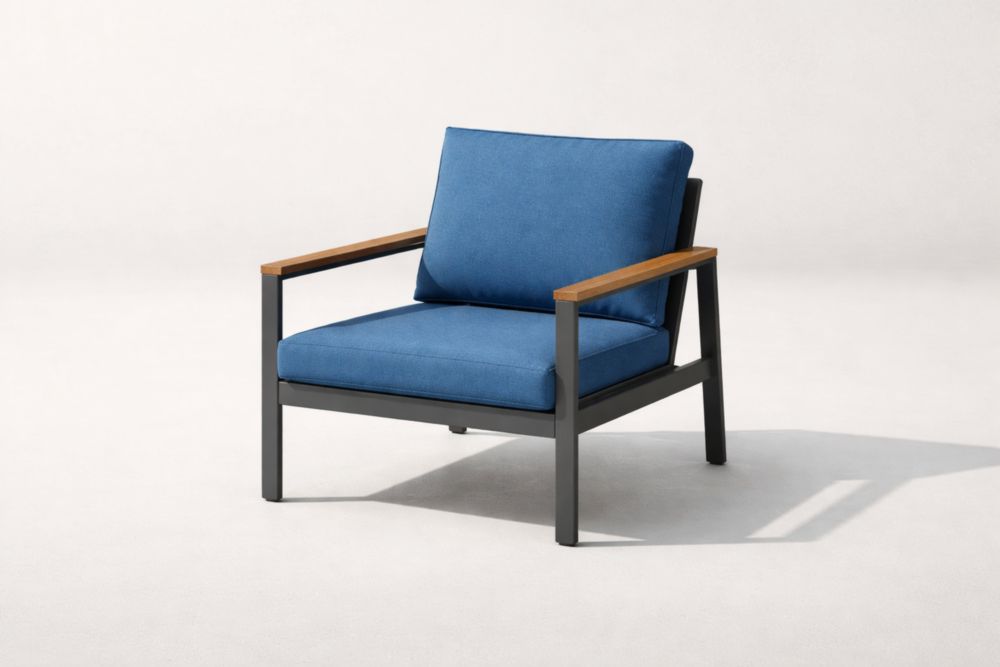 Fauteuil extérieur en acier et bois avec coussin en polyester bleu-Silavino