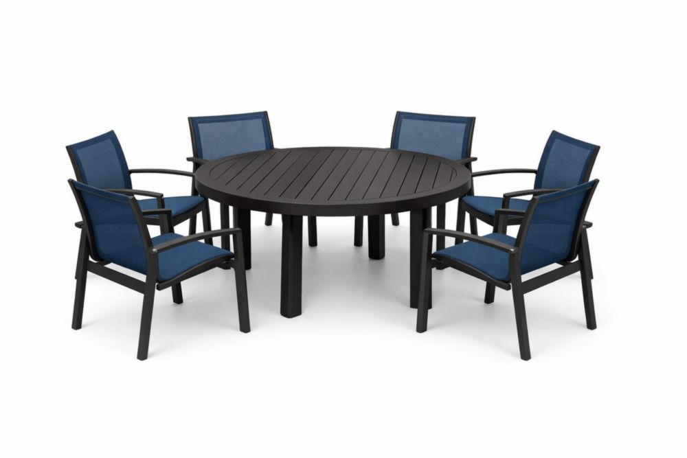 Table ronde de jardin en aluminium avec 6 chaises en tissu bleu-Silavino