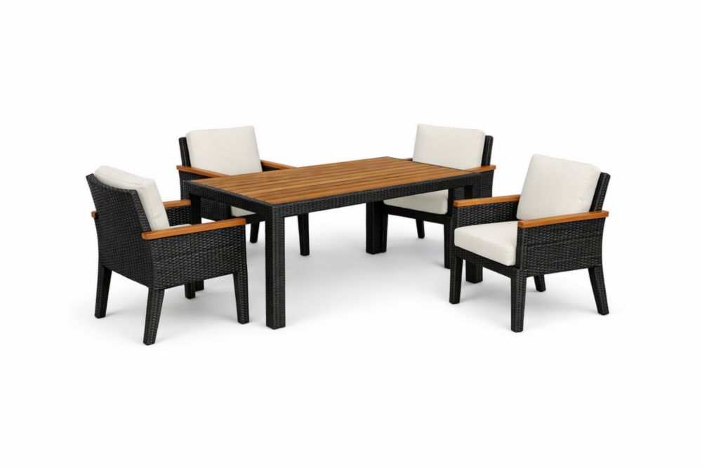 Ensemble de salle à manger extérieur 5 pièces en résine tressée avec plateau en bois massif et coussins crème-Silavino