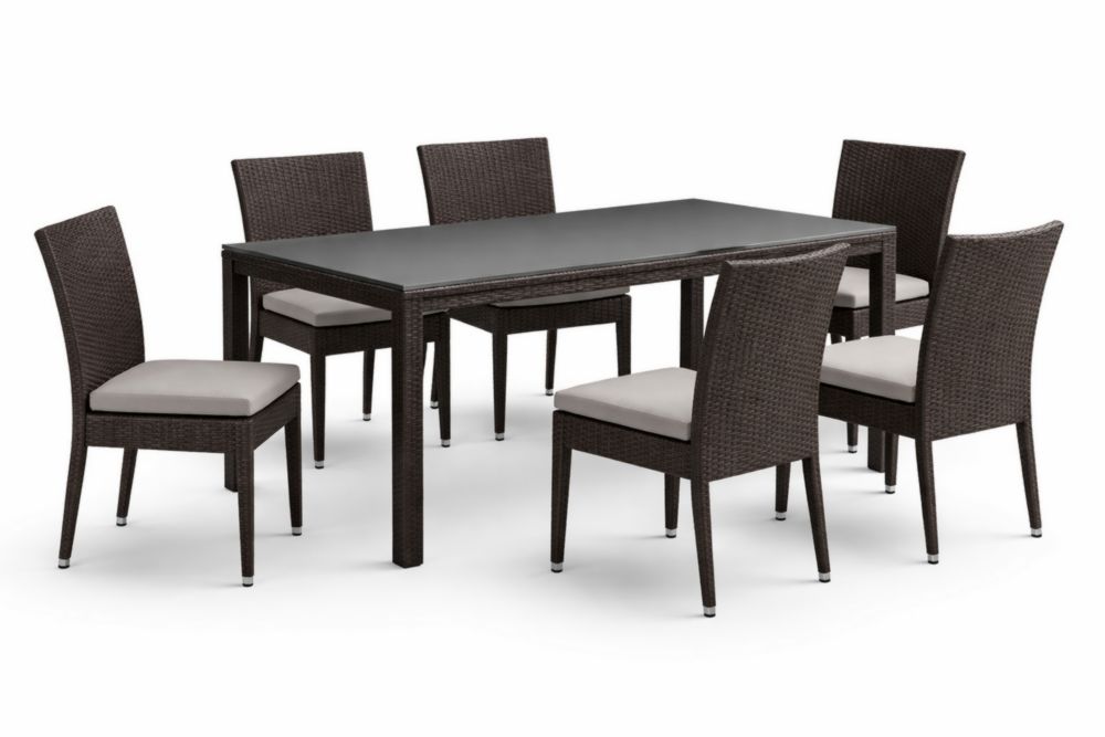 Ensemble de Salle à Manger 7 Pièces en Rotin Synthétique et Verre Trempé Marron-Silavino