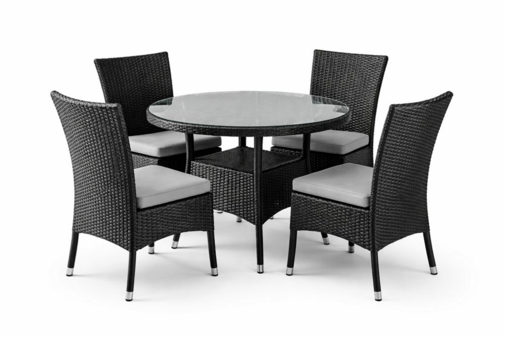 Ensemble de Salle à Manger Extérieur Rotin Table Verre 4 Chaises Noir-Silavino