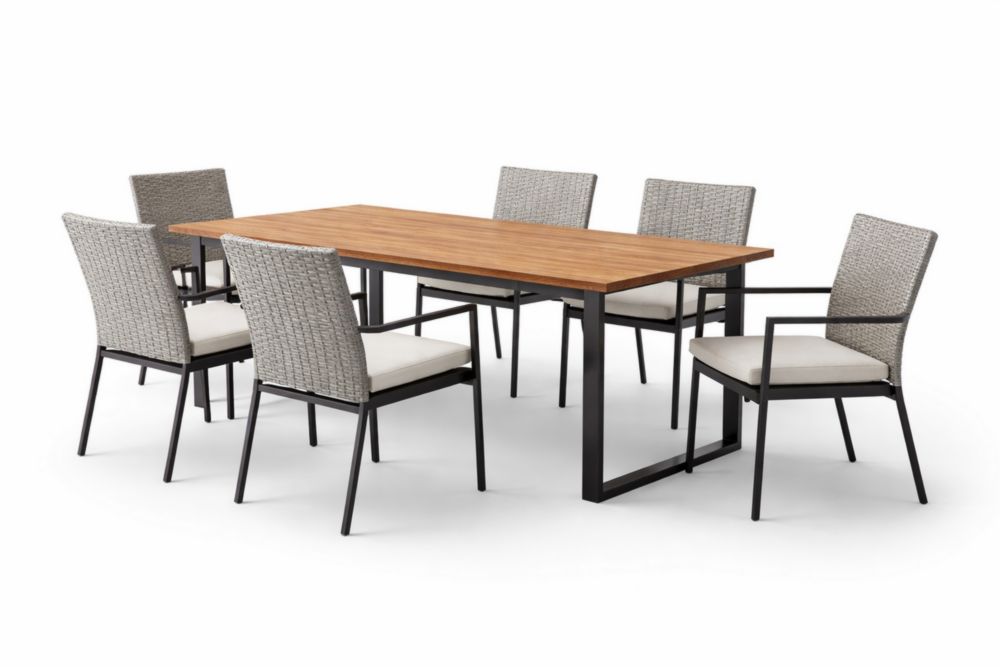 Table à manger rectangulaire en bois d'acacia et alliage d'aluminium avec 6 chaises en résine tressée-Silavino