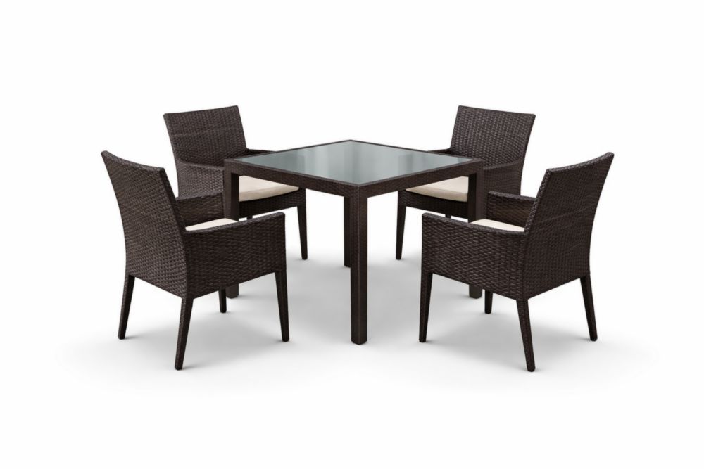 Ensemble Table et Chaises Carré en Rotin Synthétique avec Plateau en Verre Trempé Marron-Silavino