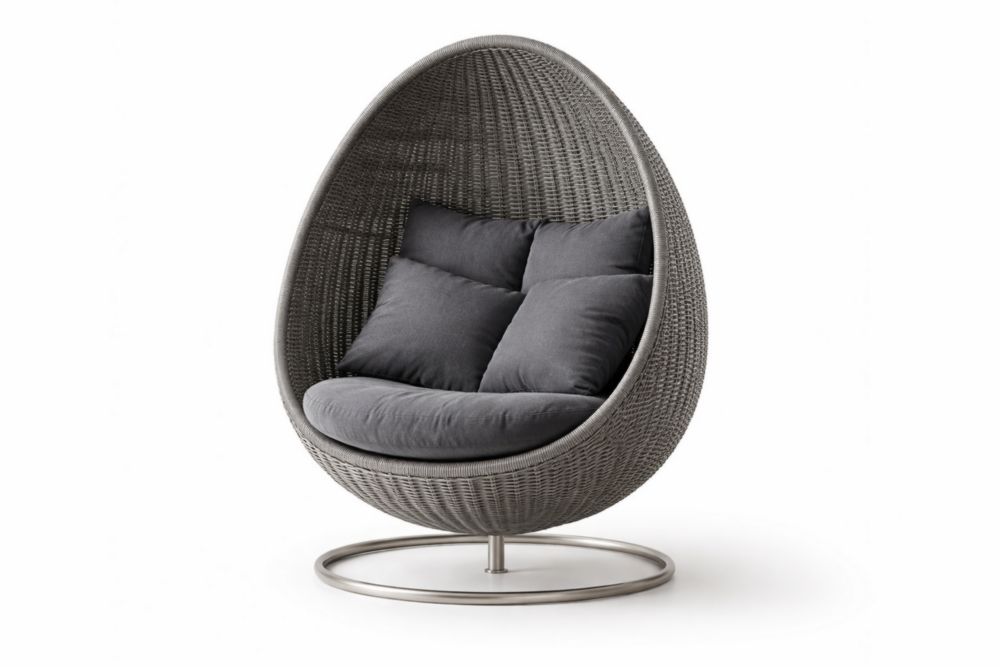 Fauteuil œuf en résine tressée gris avec coussins anthracite-Silavino
