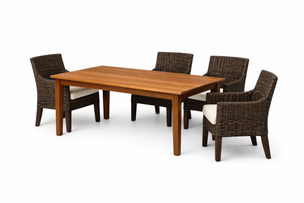 Ensemble table et chaises en bois massif et rotin marron-Silavino