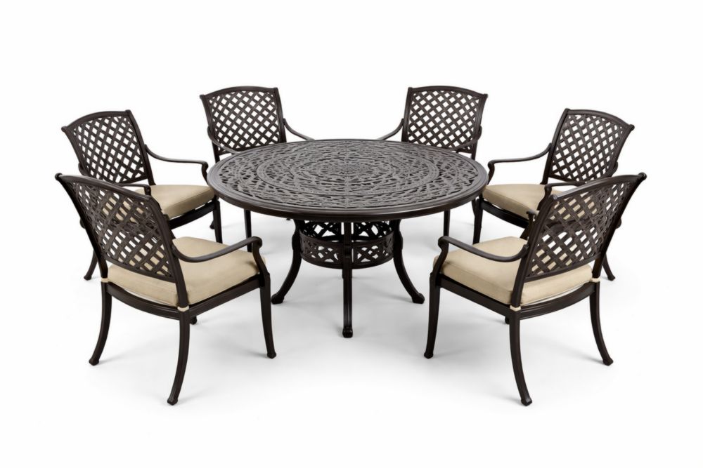 Ensemble table ronde en aluminium avec 6 chaises et coussins, Noir et Beige-Silavino