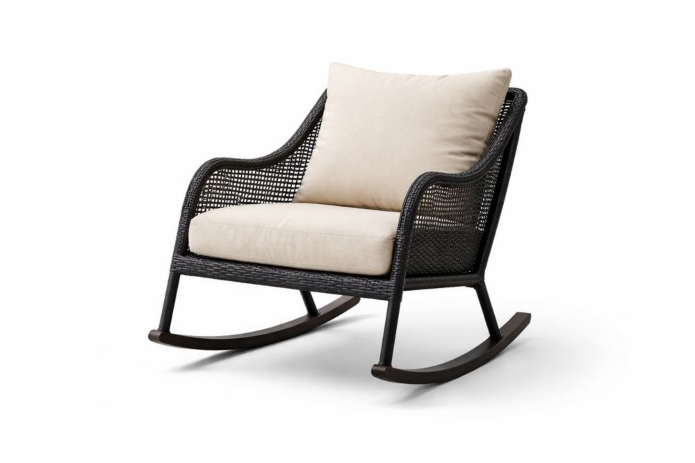 Fauteuil à Bascule en Rotin Synthétique Noir et Coussin Polyester Beige-Silavino