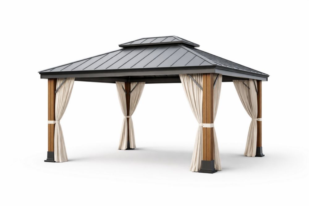 Tonnelle Rectangulaire Acier/Bois avec Rideaux en Polyester-Silavino