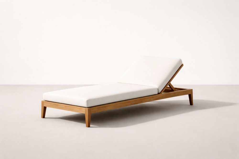Chaise Longue en Teck avec Coussin Blanc-Silavino