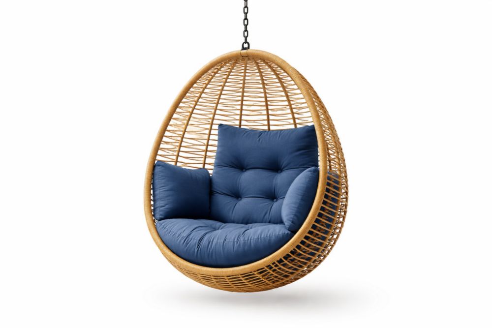 Chaise suspendue en rotin avec coussin bleu foncé-Silavino