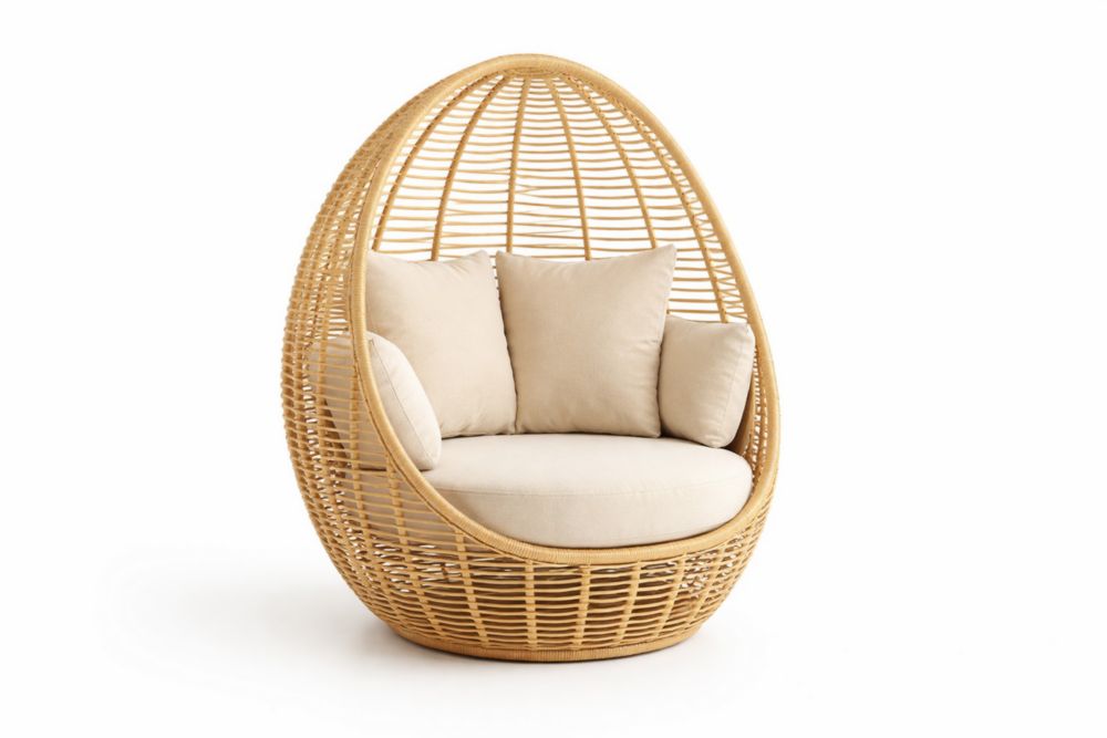 Fauteuil en forme d'œuf en rotin synthétique avec coussins en tissu beige-Silavino