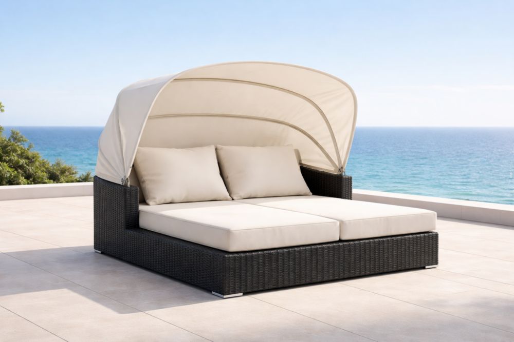 Canapé de jardin double en résine tressée Noir/Beige avec auvent-Decorivio