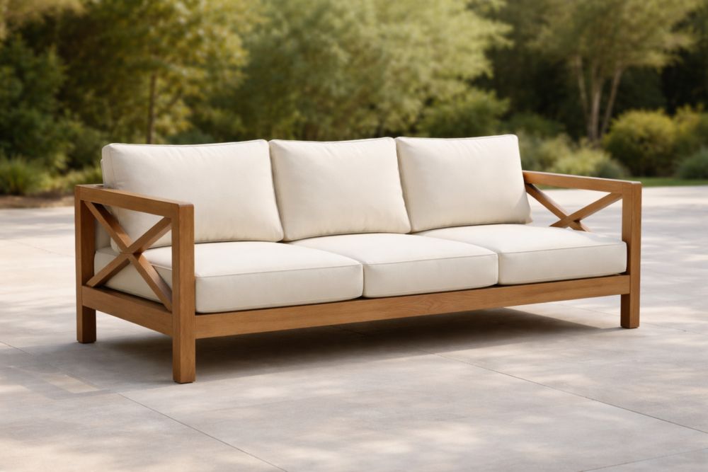 Canapé d'extérieur trois places en bois de teck et coussins en polyester beige-Decorivio