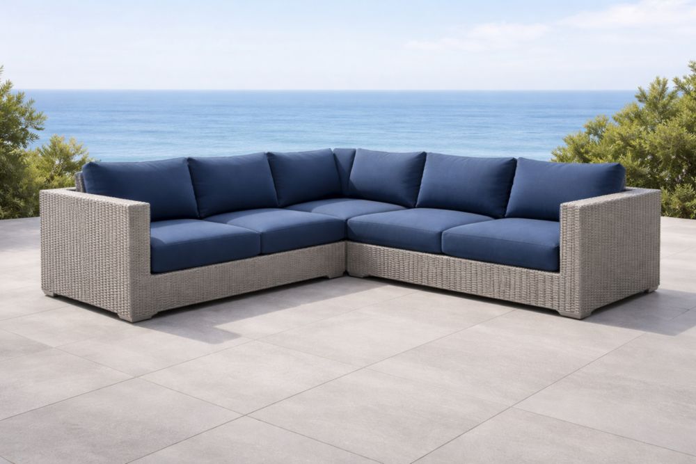 Canapé d'angle extérieur en résine tressée bleu et gris-Decorivio