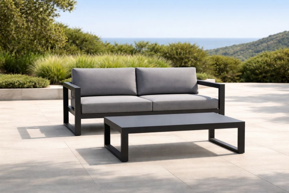 Canapé en aluminium avec table basse et coussins gris-Decorivio