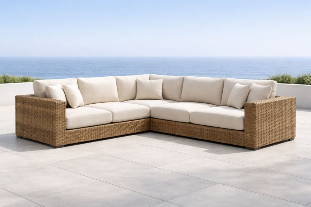 Canapé d'angle en résine tressée et coussins beige-Decorivio