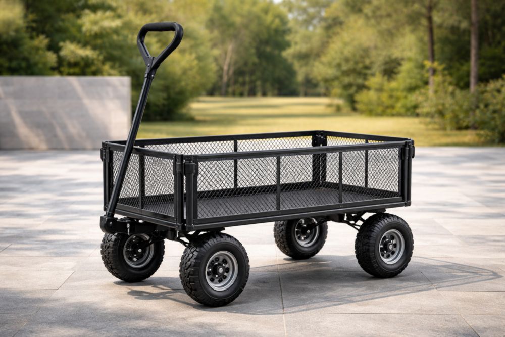 Chariot de jardin en métal noir avec roues tout-terrain-Decorivio