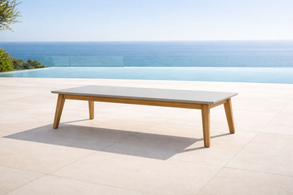 Table basse en teck avec plateau en céramique gris-Decorivio