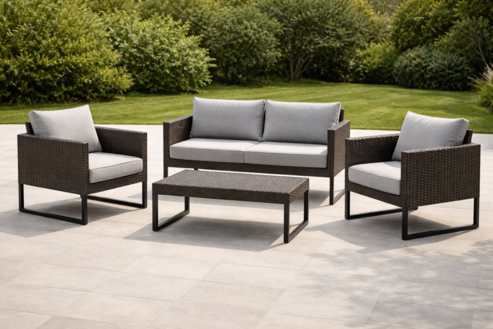 Ensemble de salon de jardin en résine tressée brun foncé avec coussins gris-Decorivio