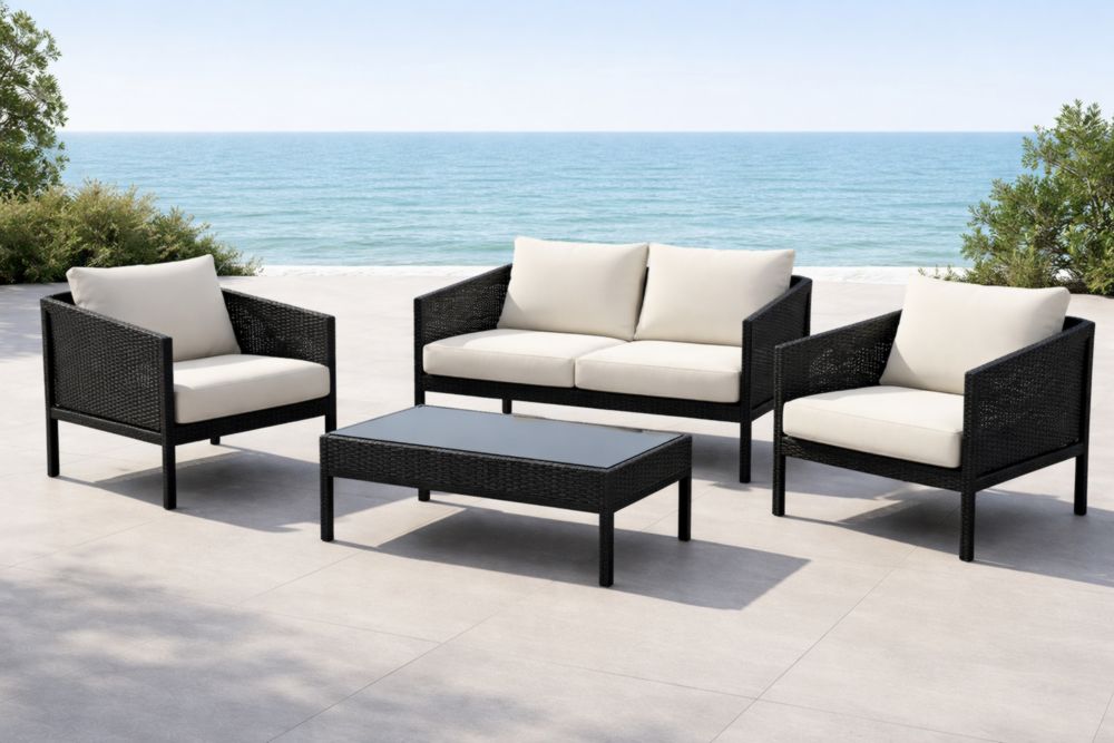 Ensemble de meubles jardin 4 pièces résine tressée Noir/Crème-Decorivio