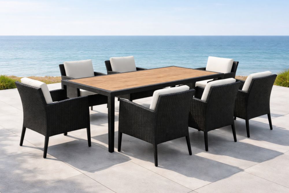 Table de salle à manger extérieure en aluminium et polywood avec chaises en résine tressée-Decorivio