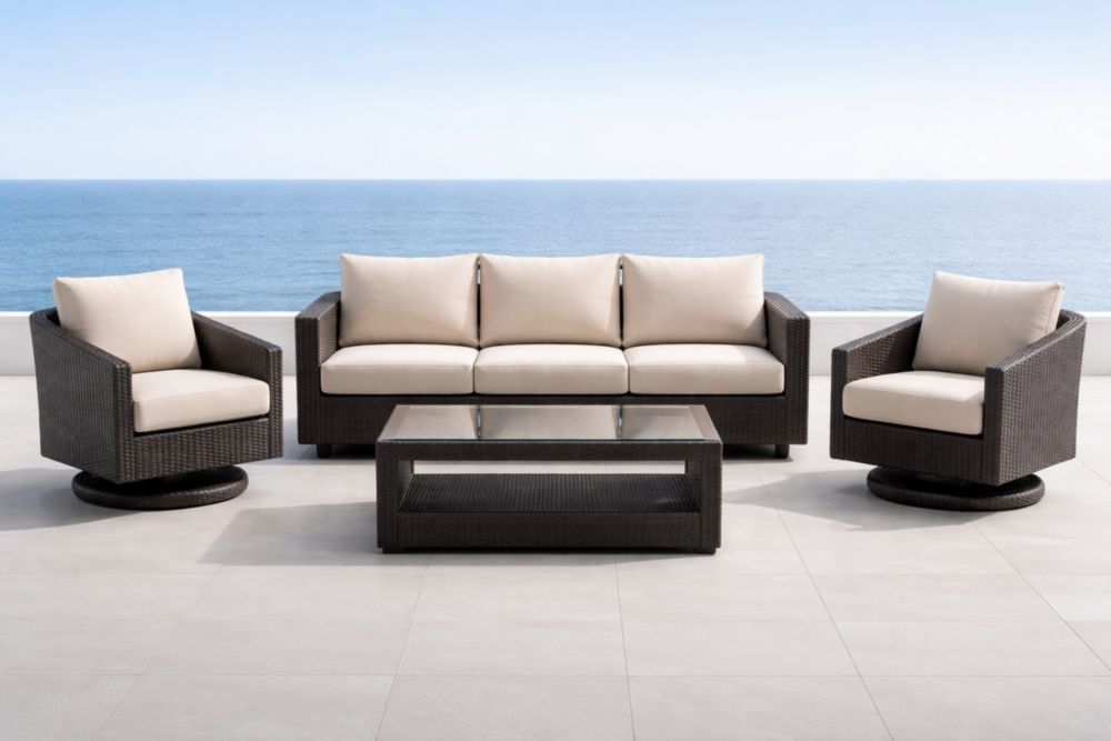 Ensemble de Salon Extérieur en Résine Tressée Avec Coussins Beige et Table Basse en Verre Trempé-Decorivio