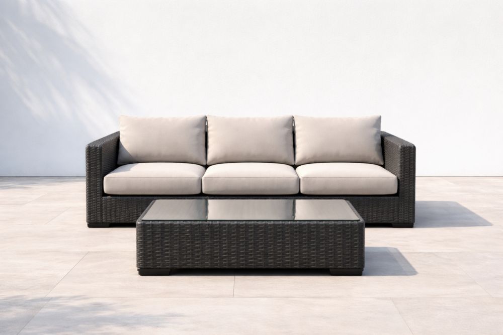 Canapé d'extérieur en polyéthylène noir avec coussins beige-Decorivio