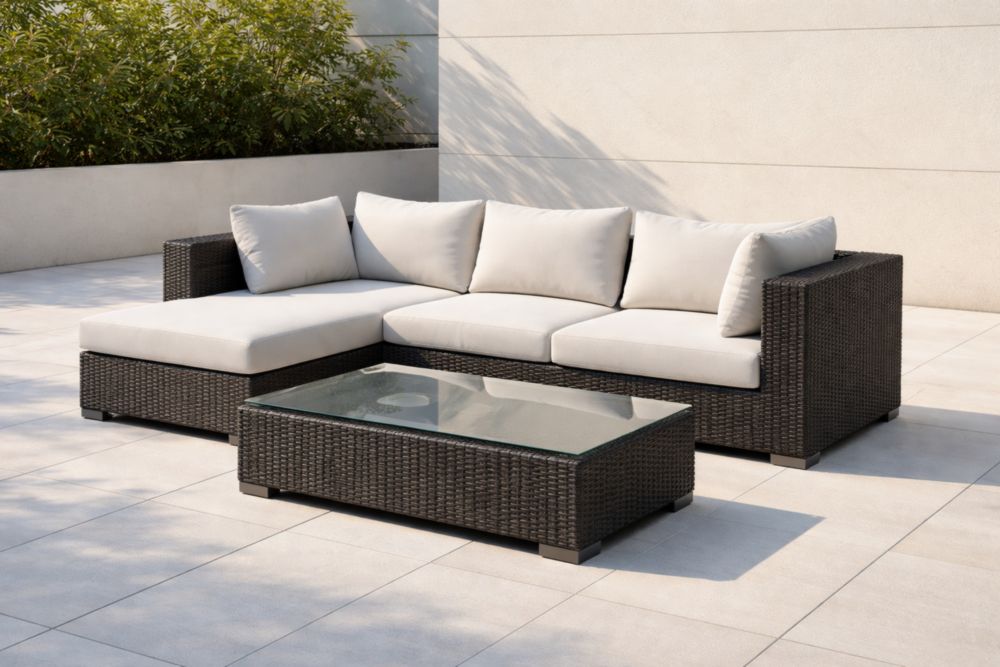 Salon de jardin en résine tressée avec table basse en verre, Gris foncé-Decorivio