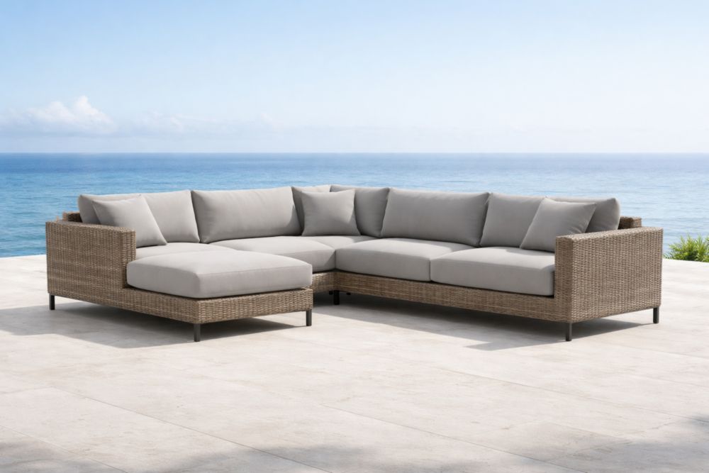 Canapé d'angle modulaire en osier synthétique avec coussins en tissu gris-Decorivio