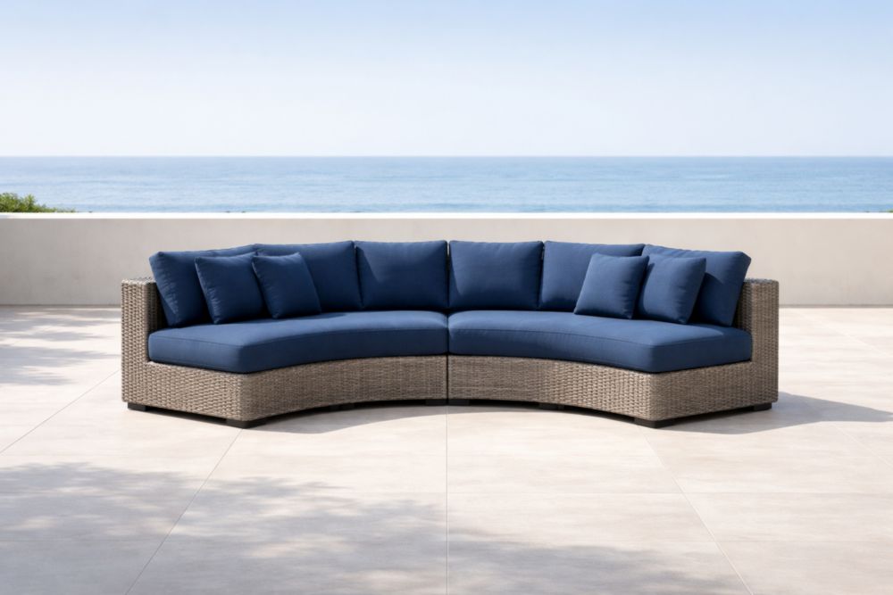 Canapé d'extérieur courbe en rotin synthétique bleu-Decorivio