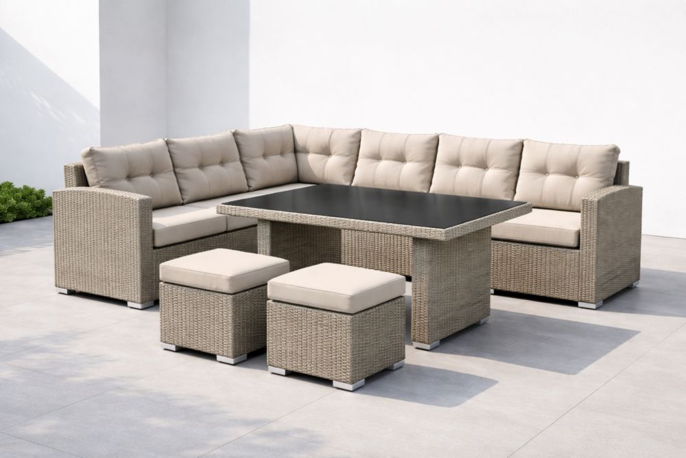 Ensemble de jardin en résine tressée avec coussins en polyester et table en verre trempé-Decorivio