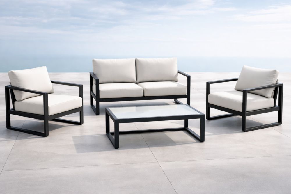 Ensemble de Salon de Jardin en Aluminium Noir avec Coussins en Polyester Blanc-Decorivio