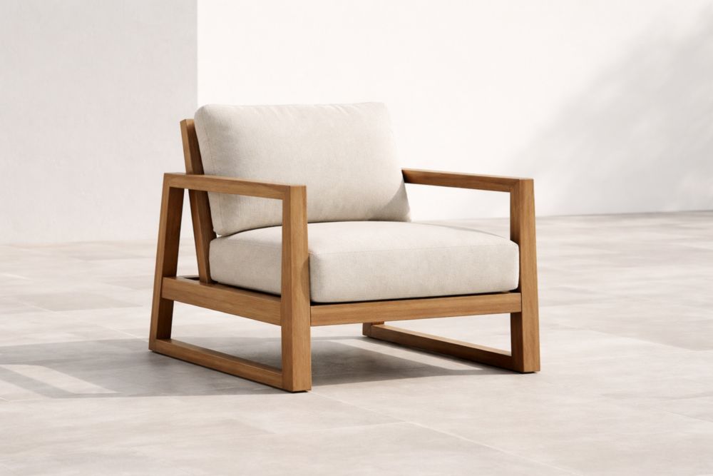 Fauteuil en bois avec coussins en tissu beige-Decorivio