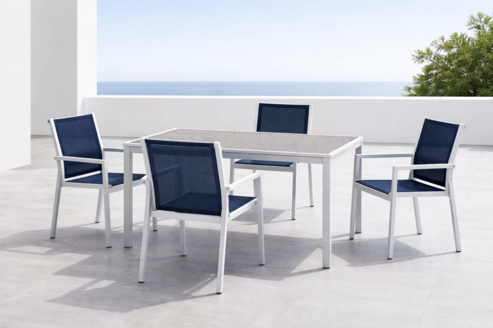 Ensemble de jardin en aluminium et tissu bleu avec verre trempé-Decorivio