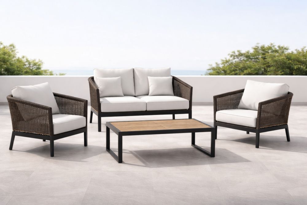 Ensemble salon de jardin 4 pièces en rotin et métal Marron/Écru-Decorivio